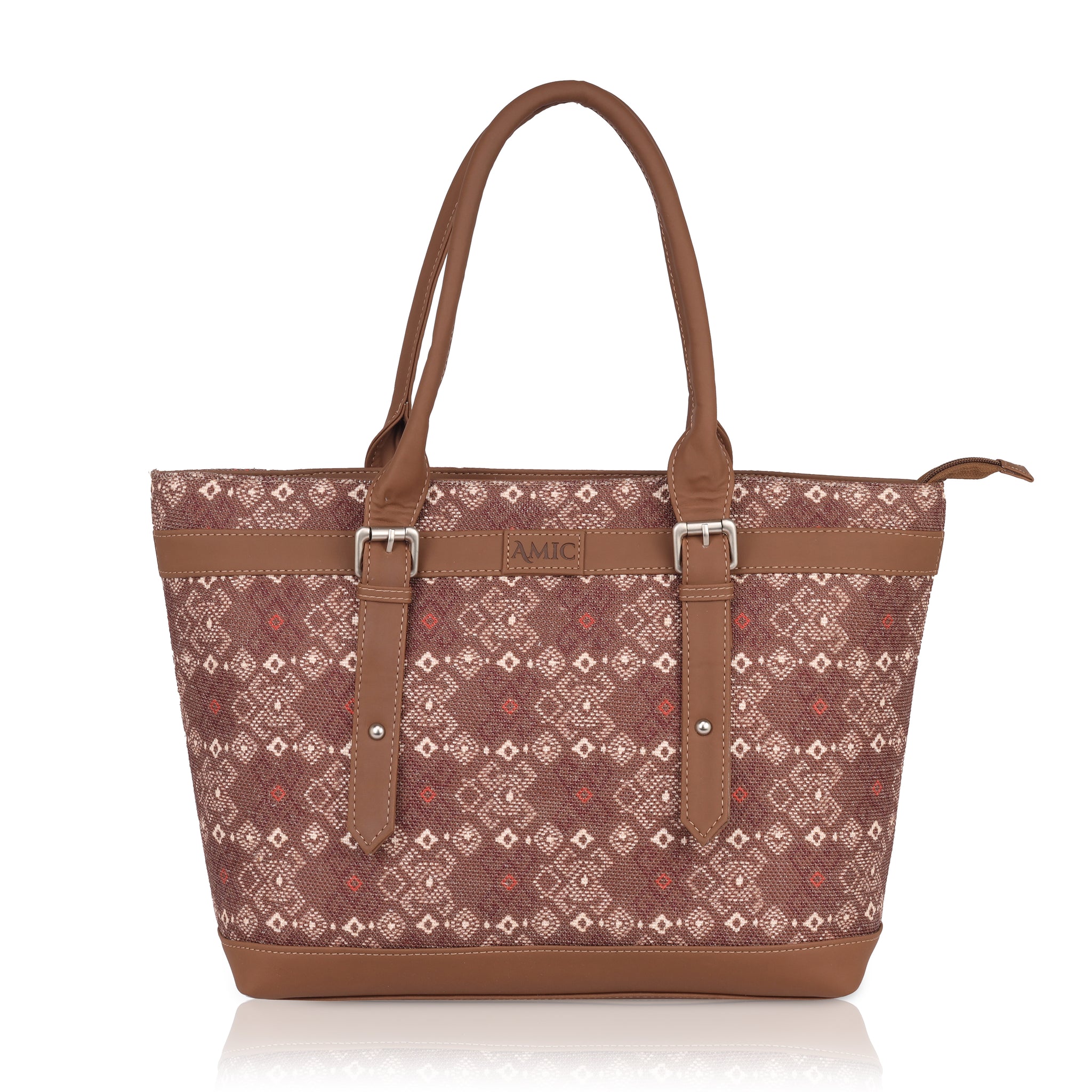 Brown Geometric Vegan Leather Tote Bag for Women - Stylish & Functional | Amic Bags