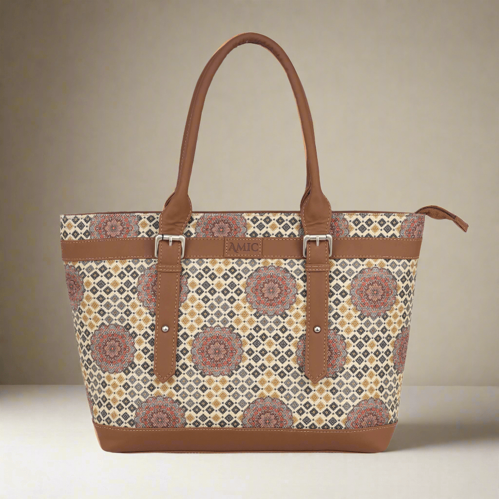 Beige Mandala Vegan Leather Tote Bag for Women - Elegant & Functional | Amic Bags - Amic