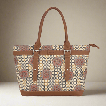 Beige Mandala Vegan Leather Tote Bag for Women - Elegant & Functional | Amic Bags - Amic