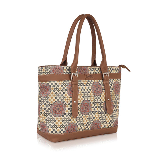 Beige Mandala Vegan Leather Tote Bag for Women - Elegant & Functional | Amic Bags