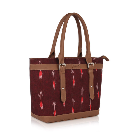 Maroon Ikat Vegan Leather Tote Bag for Women - Elegant & Functional | Amic Bags