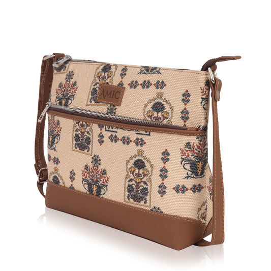 Stylish Beige Printed Side Shoulder Bag | AMIC