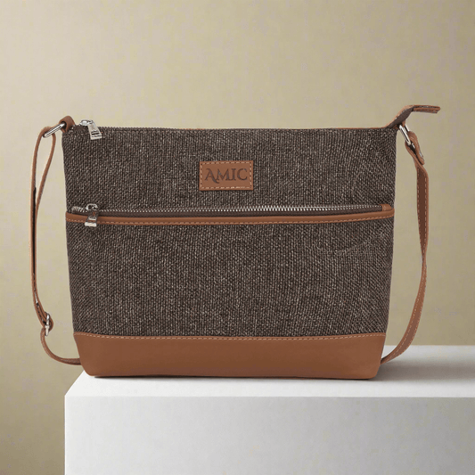 Amic Brown Textured Side Shoulder Bag - Amic