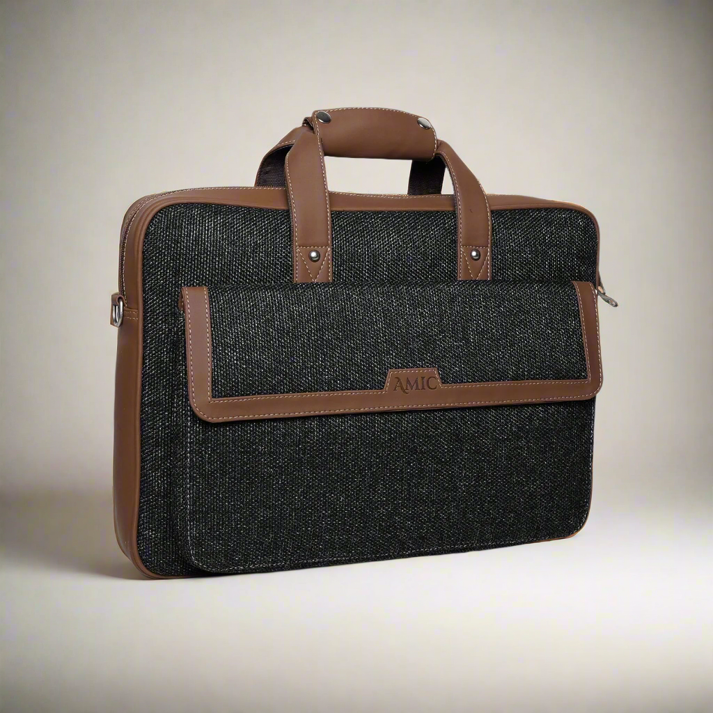 Amic Premium Vegan Leather Laptop Bag – Classic Black with Tan Accents