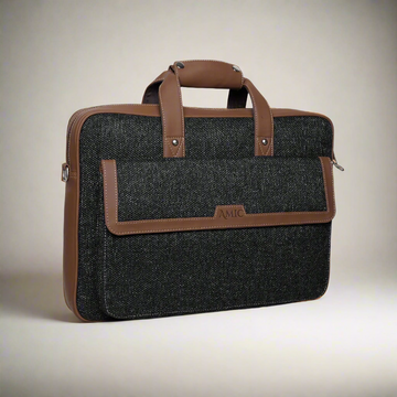 Amic Premium Vegan Leather Laptop Bag – Classic Black with Tan Accents