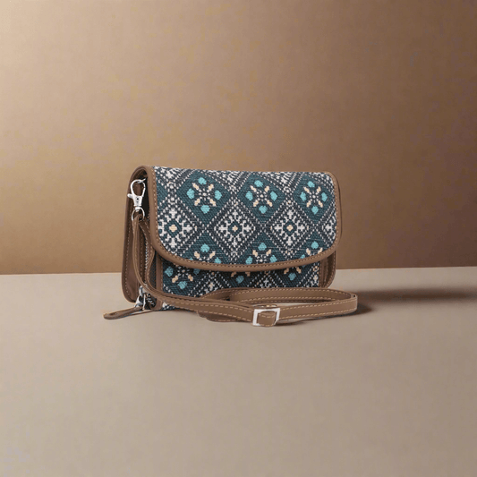 Ethnic Charm Sling Wallet with Blue Diamond Patterns – By Amic - Amic