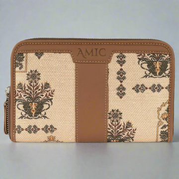 Amic Vegan Leather Chain Wallet with Elegant Beige Floral Print – Compact and Stylish Organizer