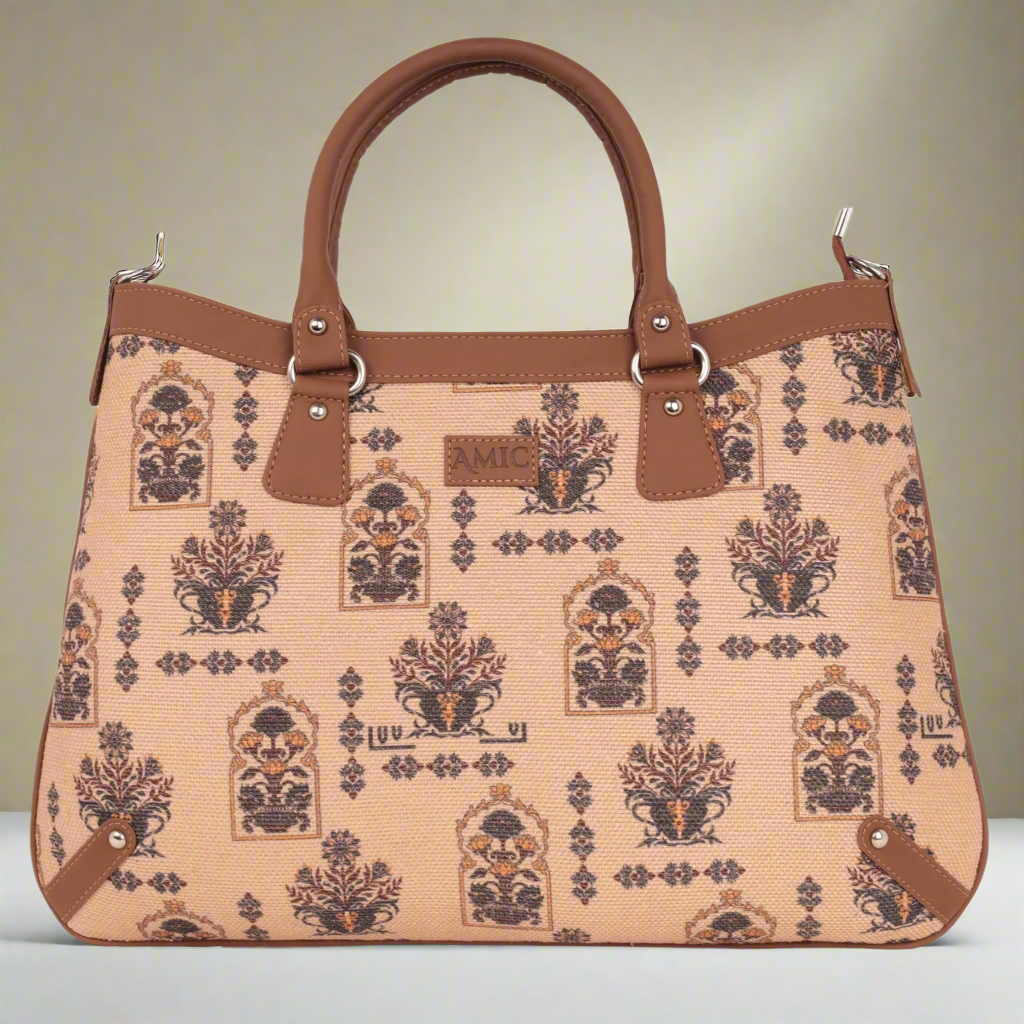 Handcrafted Beige Hand Shoulder Bag with Vintage Floral Patterns
