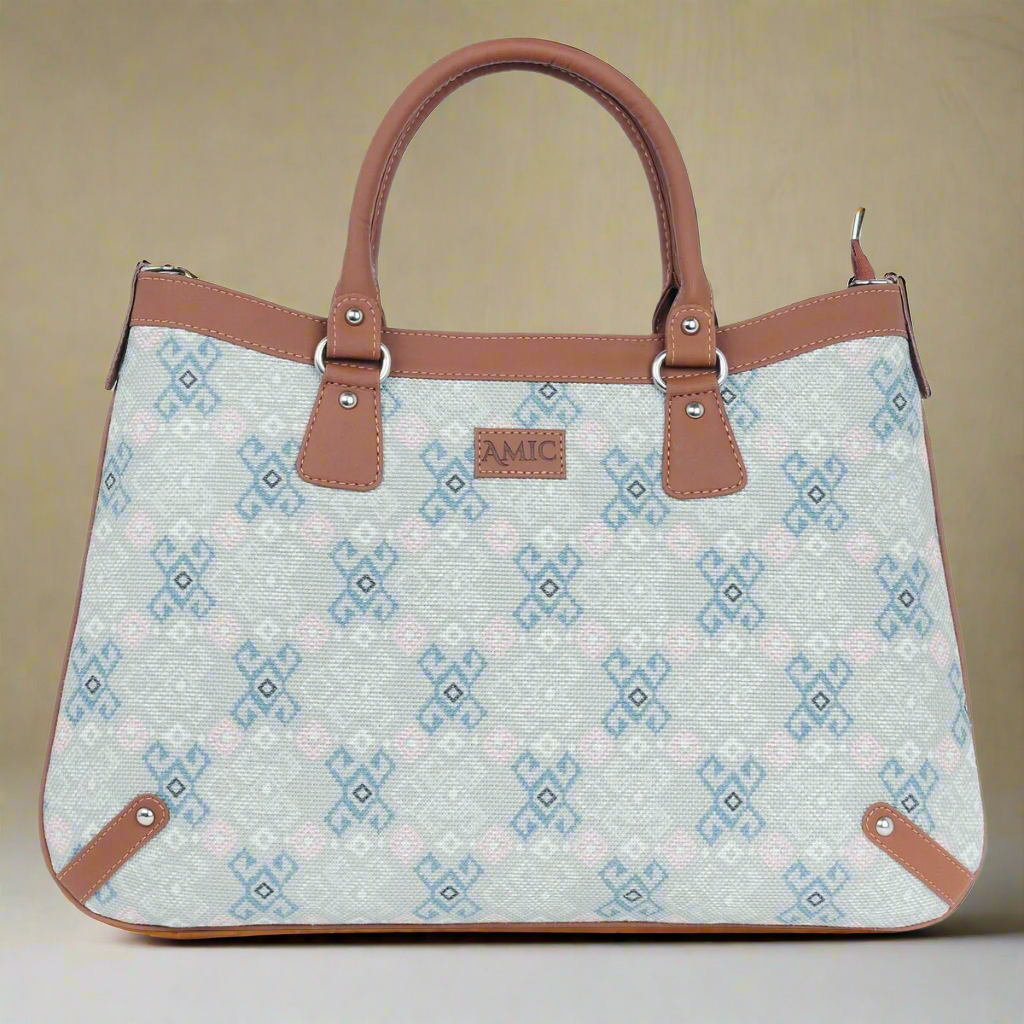 Graceful Handbag with Soft Blue Geometric Prints – Amic