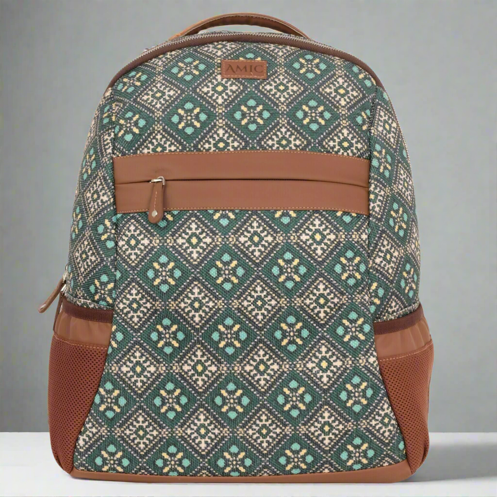 Amic Motif Printed Women's Jute Handcrafted Vegan Leather Classic Backpack 15 L Backpack